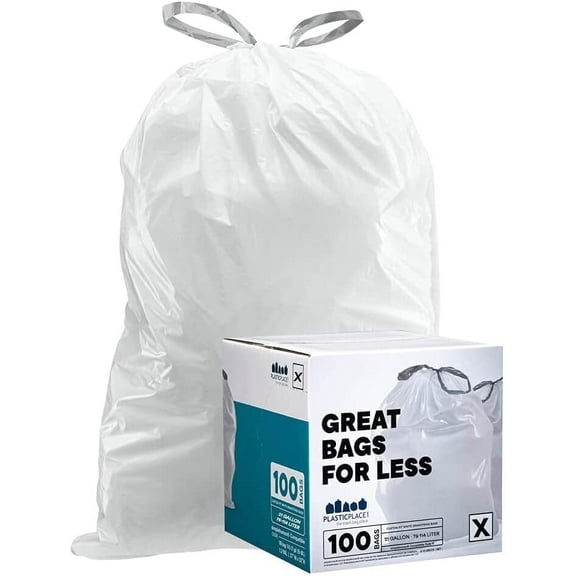 Plasticplace Custom Fit Trash Bags, Compatible with simplehuman Code X (100 Count) White Drawstring Garbage Liners 21 Gallon/ 80 Liter, 26" x 24.5"