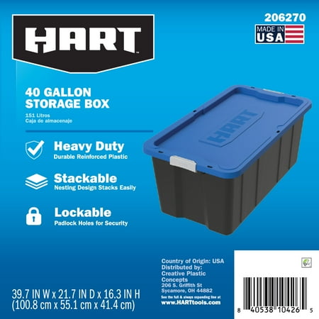 HART 40 Gallon Latching Plastic Storage Bin Container, Black with Blue Lid