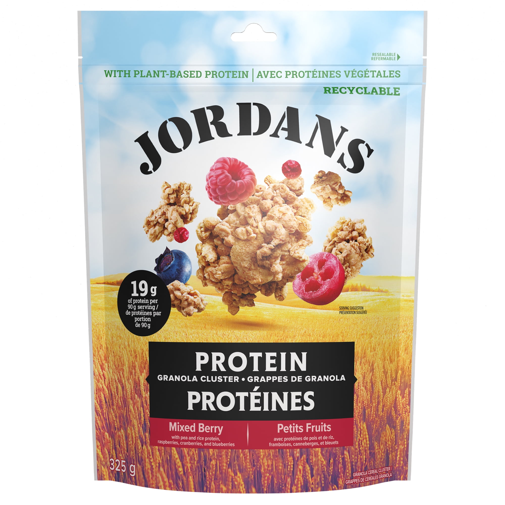 Jordans - Mixed Berry Protein Granola Clusters, Plant-Based, High Protein, Source of Fibre, Non GMO, Made with Whole Grains, Wholesome protein granola clusters with tangy raspberries, sliced cranberries, and blueberries