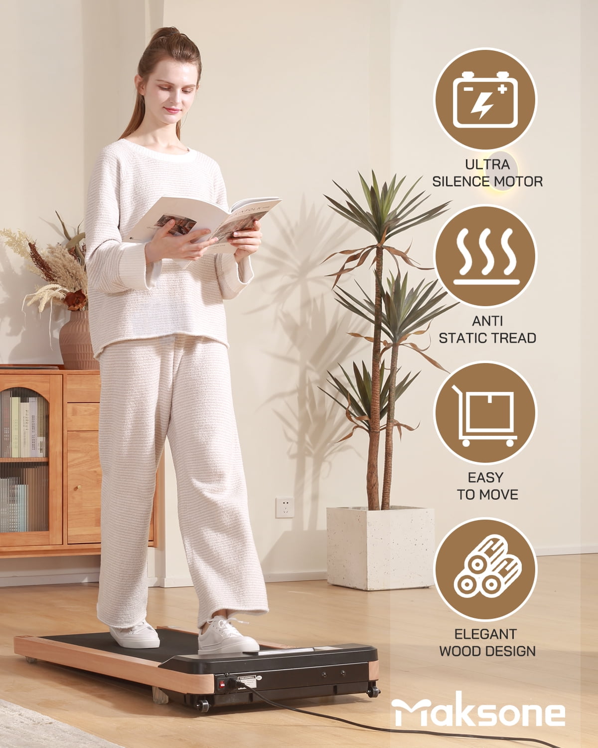 Maksone 2.25HP Installation-Free Under Desk Natural Wood Treadmill with Remote Control