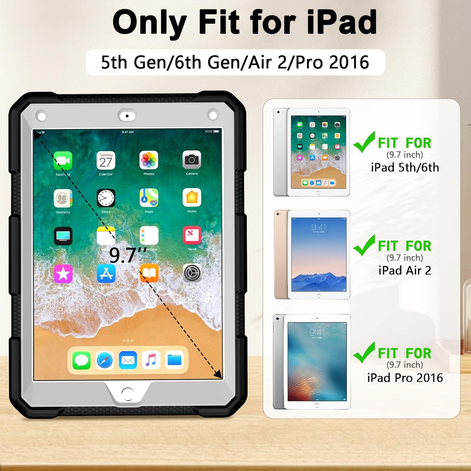 BMOUO iPad 6th / 5th Generation Case,iPad 9.7 2018/2017 Case,iPad Air 2 Case,3 Layer Shockproof [360 Swivel Stand][Hand Strap][Pencil Holder] Kids Case for iPad 9.7 Inch 2018/2017 - Black+Grey