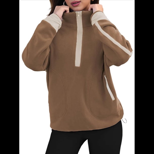 Sudadera de Mujer con Media Cremallera, Suave y Extragrande, con Bolsillos, Cálida y Afelpada. Marrón M