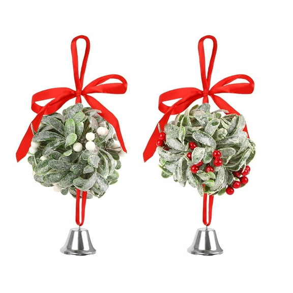 SSKDBFKGArtificial Mistletoe Hanging Decorations with Bows and Bells, Glitter Christmas Ball Decorations White and Red Berries Christmas Mistletoe Decorations
