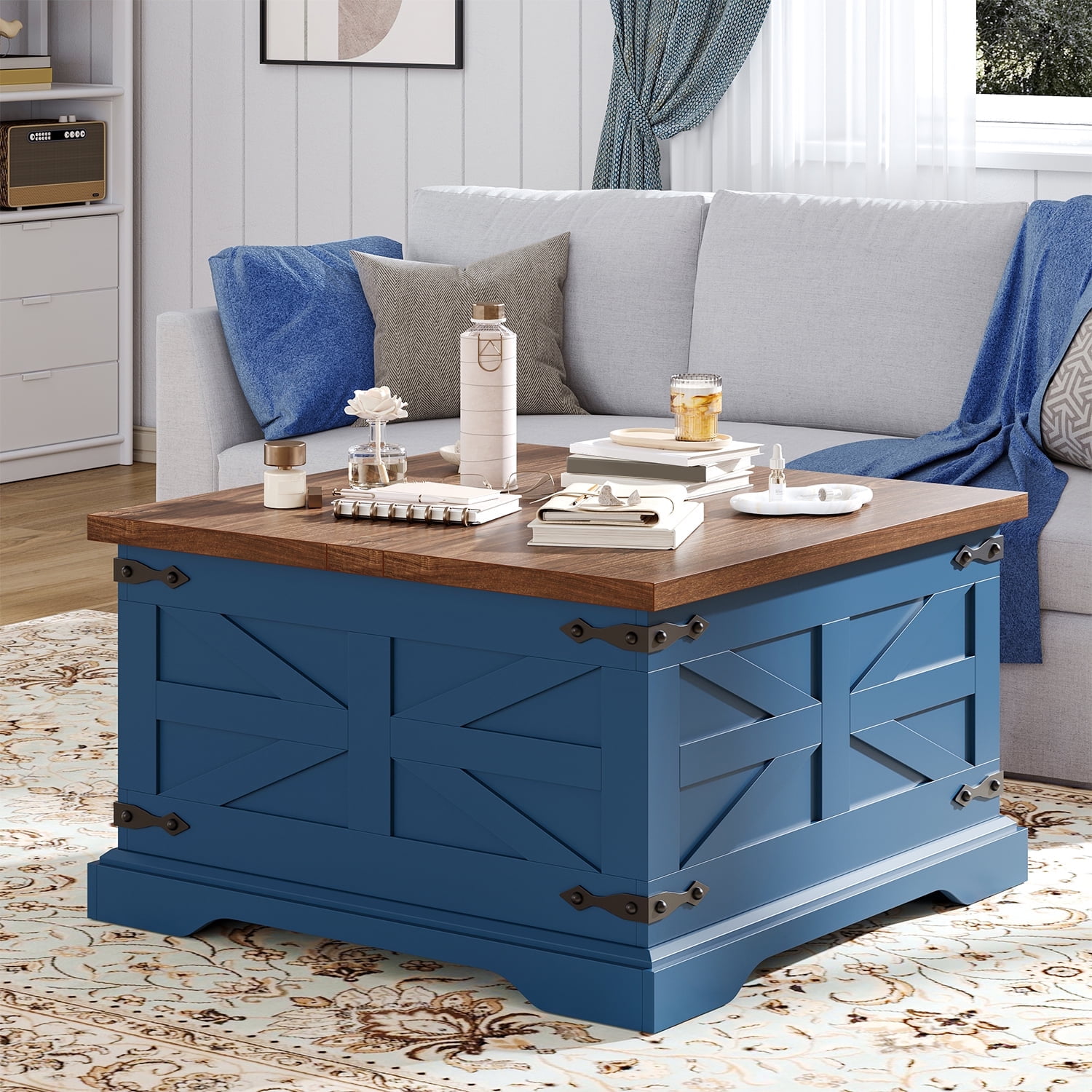 Frmobepts Farmhouse Coffee Table, Square Wood Center Table with Storage and Lift Top, Metal Corners for Living Room, Blue