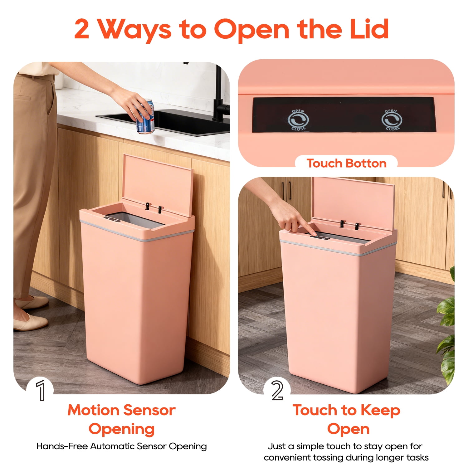 BestOffice 13 Gallon Automatic Plastic Trash Can with Lid, Touch Free with Motion Sensor for Indoor Use(Pink)