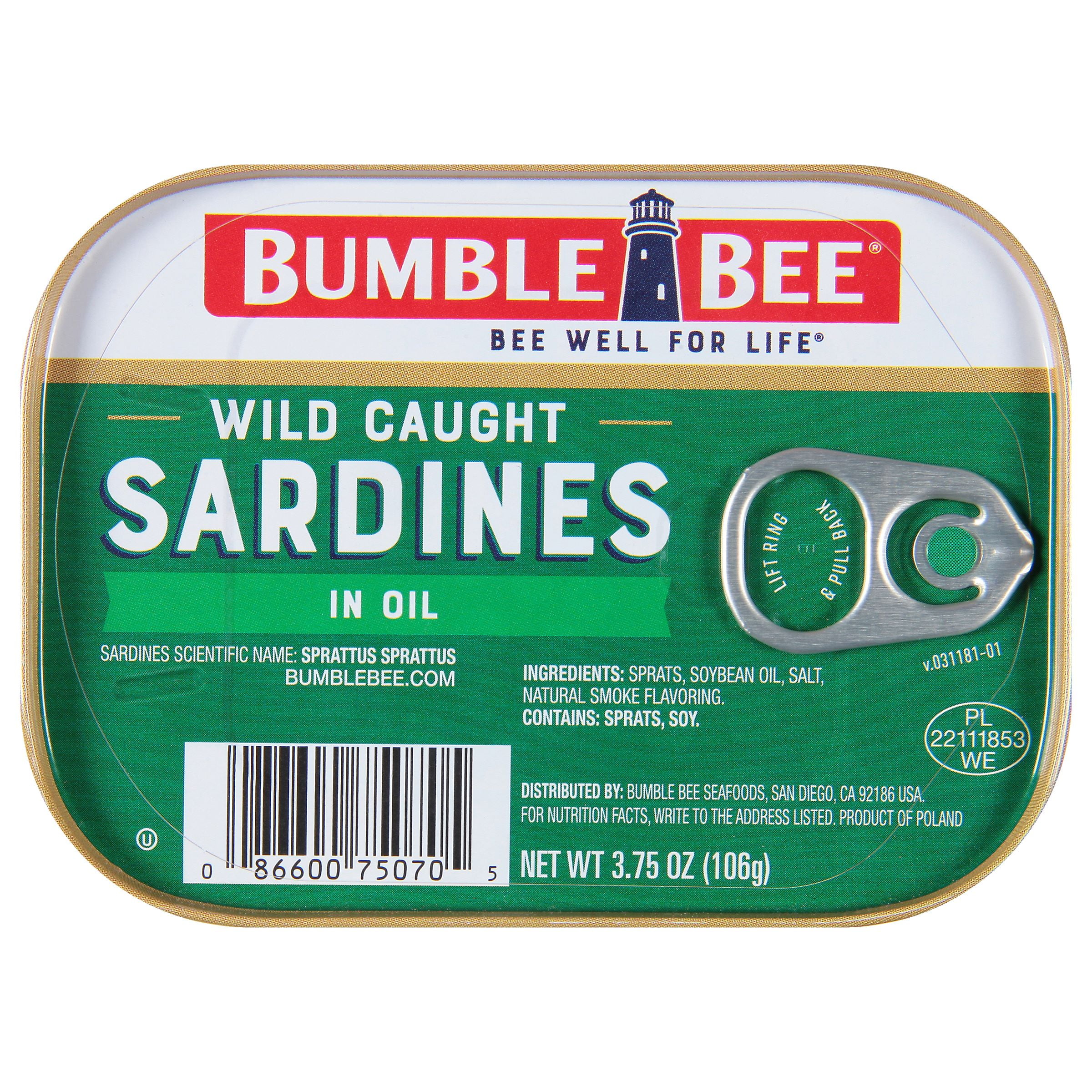 (2 pack) Bumble Bee Wild Caught Sardines in Oil, Gluten Free, 13g Protein Per Serving, Ready to Eat, Shelf Stable Tin Can, 3.75 oz