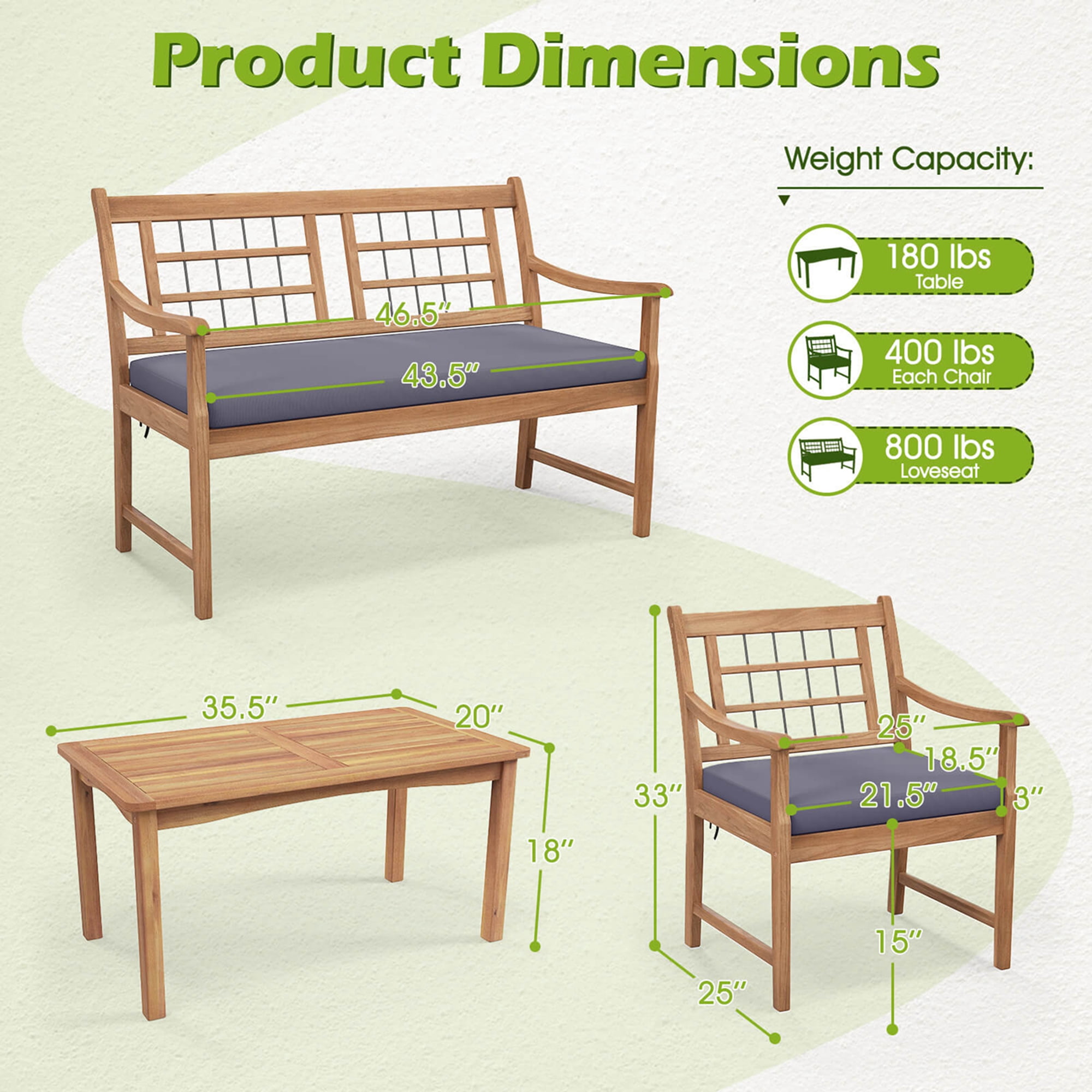 Costway 4 PCS Wood Patio Furniture Set with Soft Seat Cushions Solid Acacia Wood Frame Gray