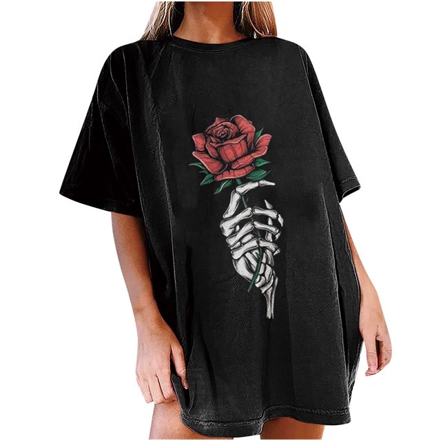 Camiseta de manga corta con cuello redondo y estampado de calavera de sol y luna informal a la moda para mujer Pompotops hkajfhjk458342
