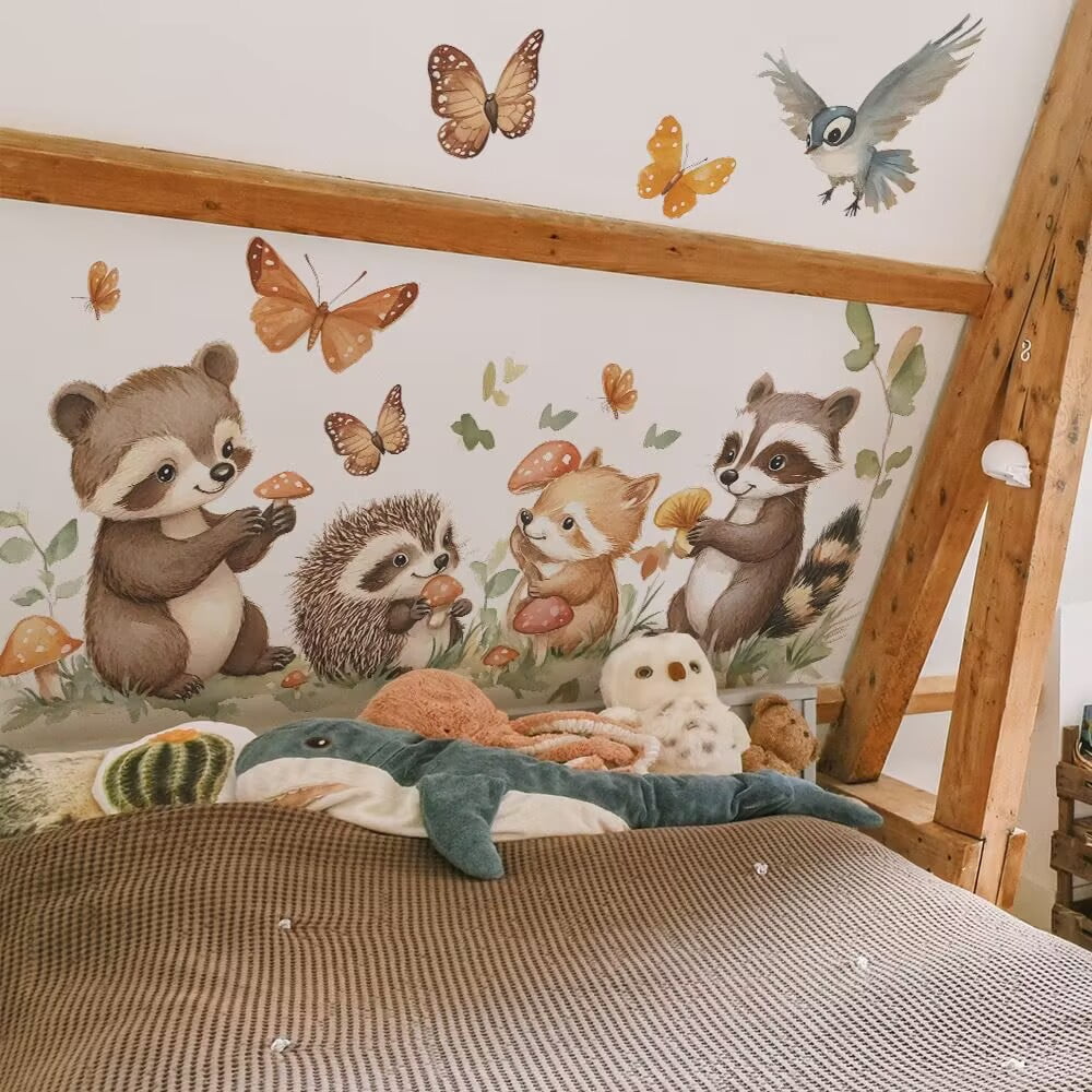 Woodland Animal Tree Branch Wall Decals Bear Fox Deer Forest Wall Stickers Kids Room Removable Vinyl DIY Peel and Stick Kids Bedroom Living Room Window Wall Decor