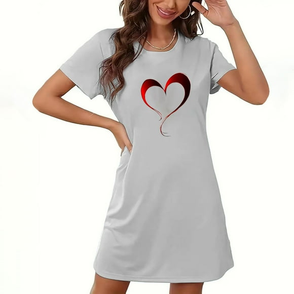 Camisón corto de San Valentín para mujer, talla grande, estampado en el pecho, cuello redondo, manga corta