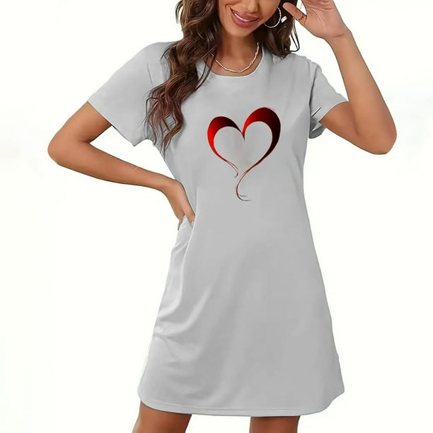 Camisón corto de San Valentín para mujer, talla grande, estampado en el pecho, cuello redondo, manga corta