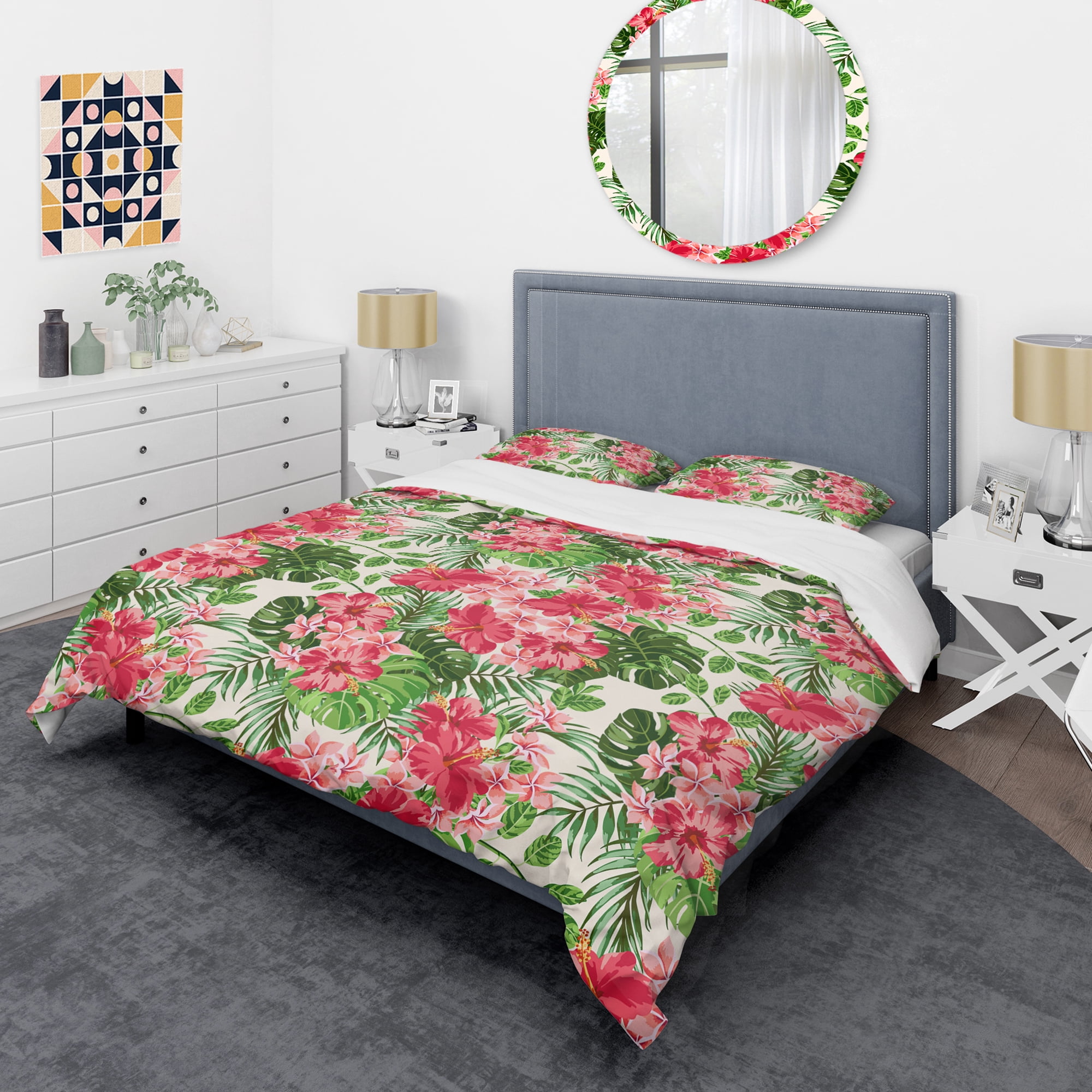 Designart 'Tropical Leaves and Flowers I' Mid-Century Modern Duvet Cover Set
