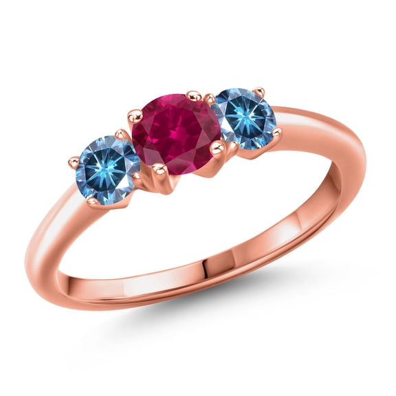 Gem Stone King 18K Rose Gold Plated Silver Red Created Ruby and Persian Blue Moissanite Engagement Ring for Women | 1.06 Cttw | Round 5MM | Gemstone July Birthstone | Size 8