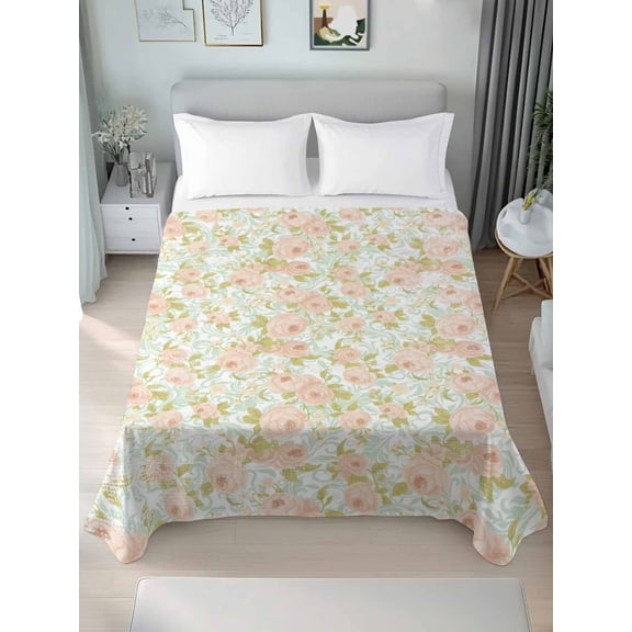 Beige Flowers King Size Flat Sheet, Wrinkleproof & Fadeproof Cooling Flat Bed Sheet Only, Farmhouse Botanical Floral Green Leaves Breathable Soft Bedding Top Sheets 105 x 98 Inches