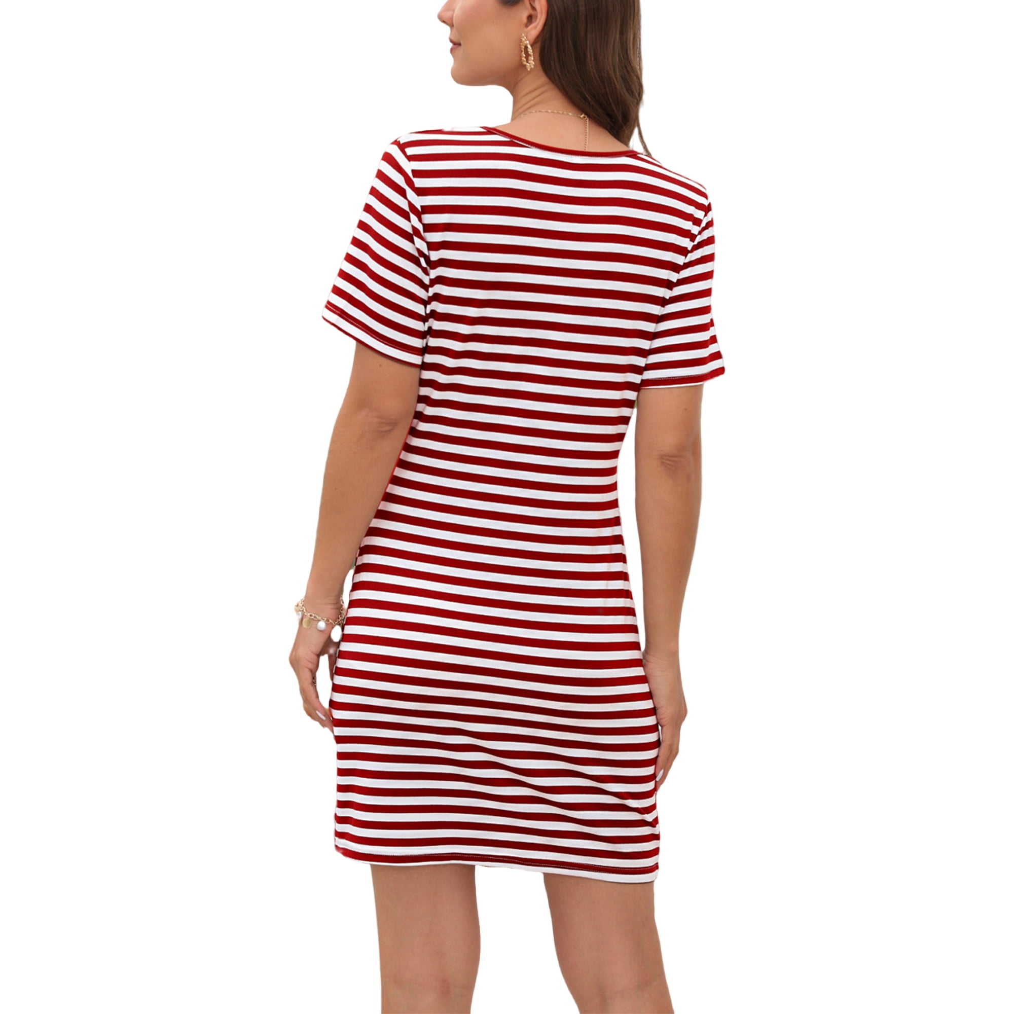 LUXUR Women Mini Dress Short Sleeve Summer Beach Sundress Crew Neck Wrap Dresses Slim Fit Striped Light Red L Walmart