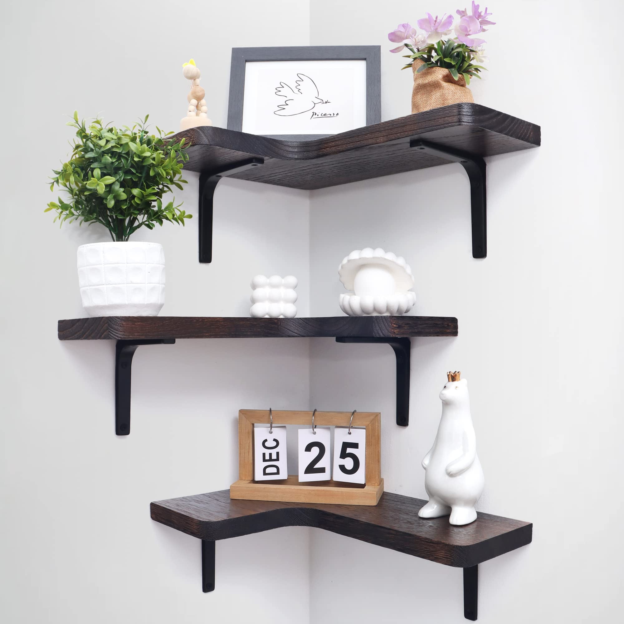 Corner Floating Shelves, Corner Wall Shelf Set of 3, Rustic Wood Shelves for Wall Storage, Wall