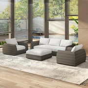 AECOJOY Outdoor Patio Deep Seating Lounge Set 4-Piece Backyard Patio Furniture Set, Brown Rattan Conversation Sets with 2 Patio Sofa Chairs, 3-Seat Patio Sectional Sofa and Ottoman,Light Grey