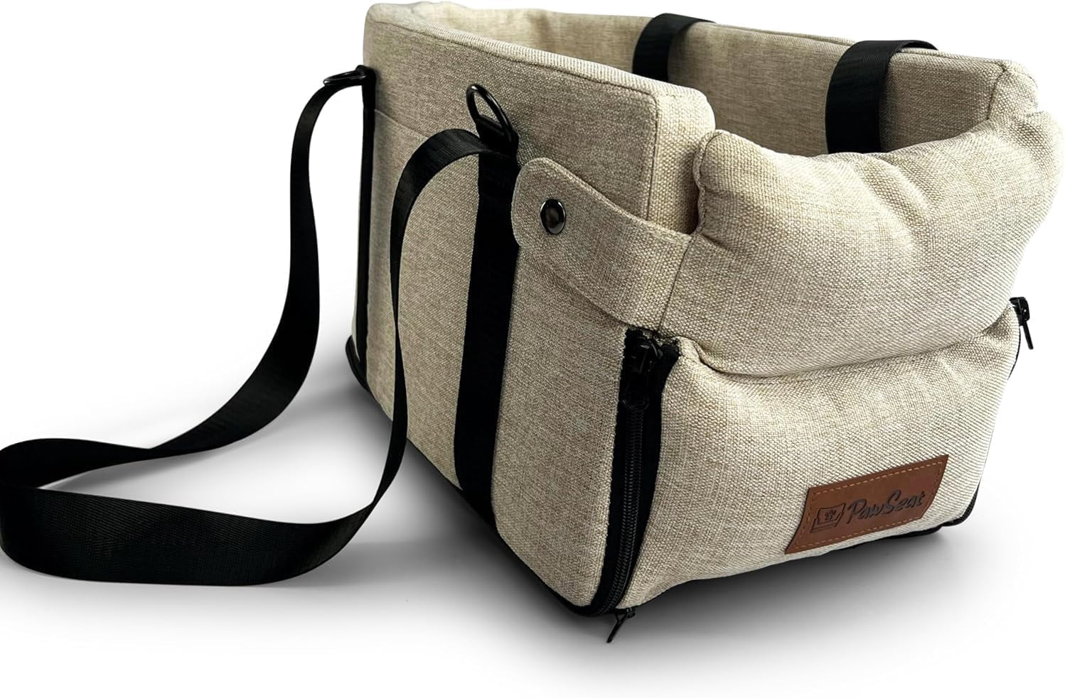 Center Console Dog Car  for Small Dogs 5-13Lbs with Safety Belt and Storage Pockets - Beige Woven