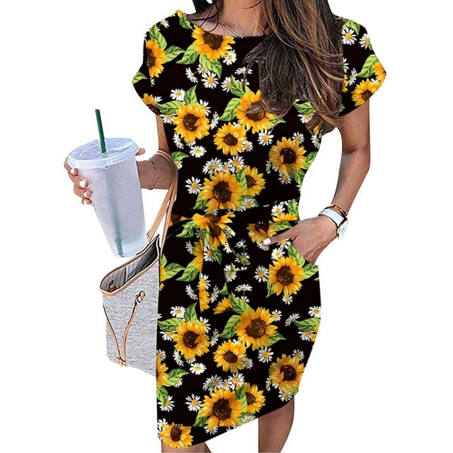 Robes Grande Taille pour Femmes Rondes Décontractées Col Rond Bretelles Manches Courtes Imprimé Floral Robe Ample avec Poches Robes d'Été pour Femmes 2023 Décontractées en Liquidation