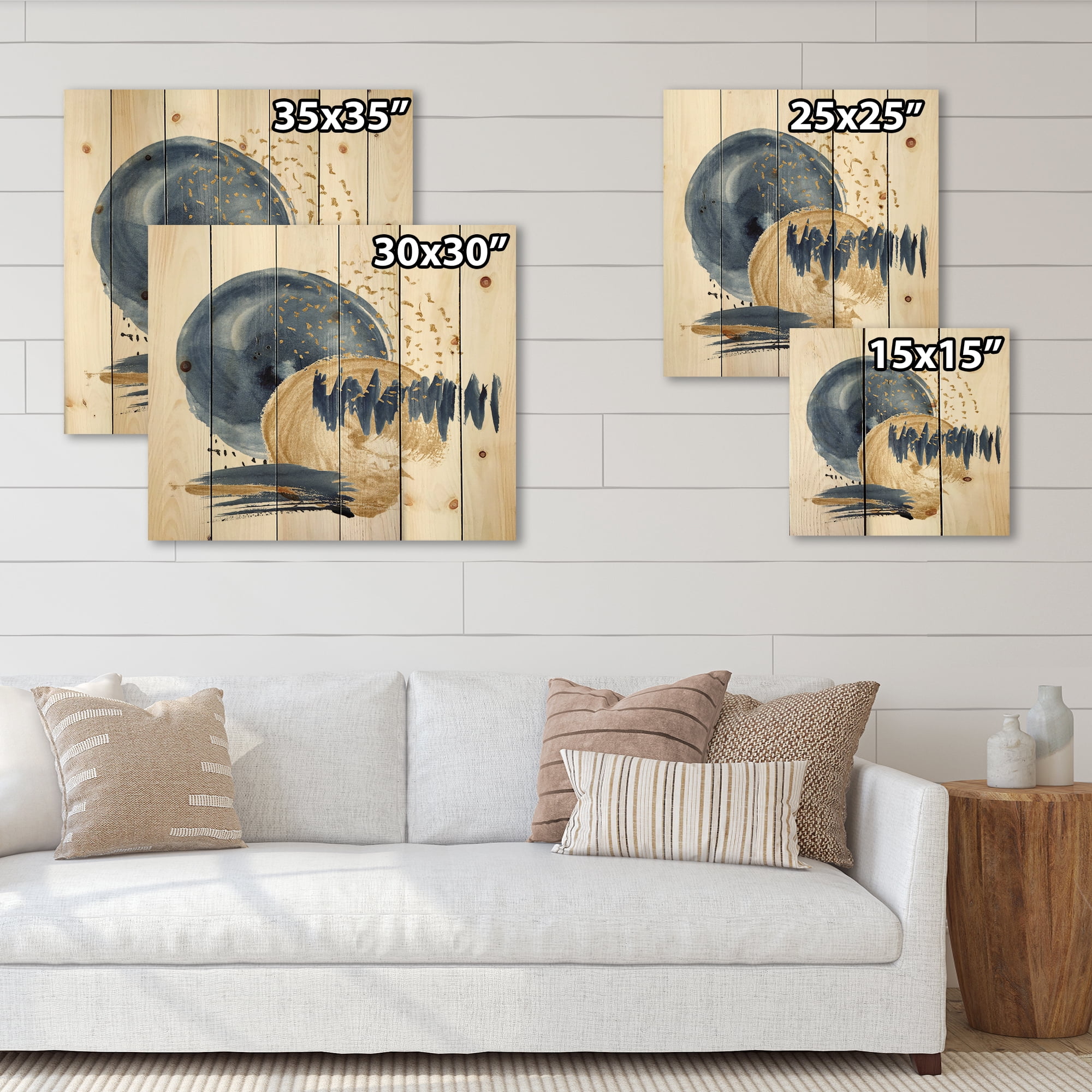 Designart 'Gold and Dark Blue Abstract Circle Ocean Texture' Modern Print on Natural Pine Wood