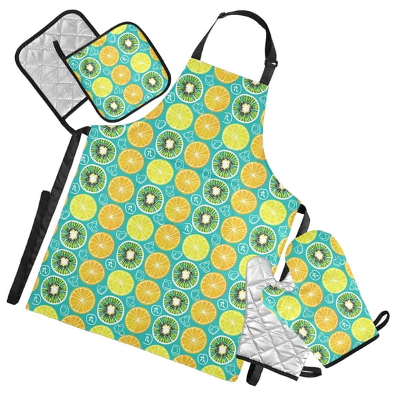 Kiwifruit Orange Lemon Slices 5 Pcs Kitchen Set Heat Resistant Oven Mitts and Non-Slip Pot Holders with Adjustable Cooking Apron