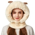 thumbnail image 6 of Women's 3-in-1 Winter Face Mask Beanie Hat, Full Coverage Balaclava Style with Cartoon Antlers, Adjustable Neck Warmer Scarf, Windproof Cold Weather Gear, Plush Trim - Beige, 6 of 6