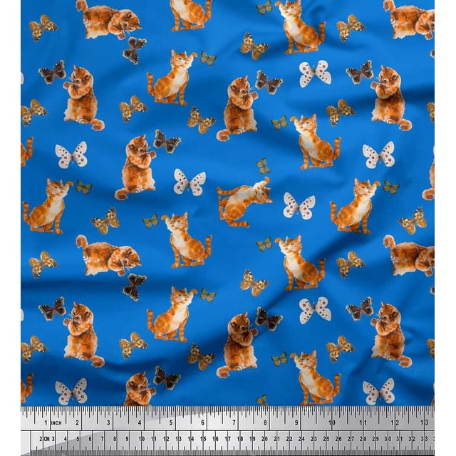 Soimoi Blue Silk Fabric Insect & Cat Animal Printed Fabric 1 Yard 42 Inch Wide