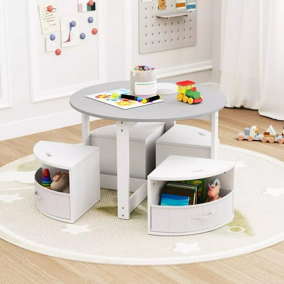 Harmijoy 5 Piece Kids Play Table and Chairs Set Round Nesting Table Toddler Furniture