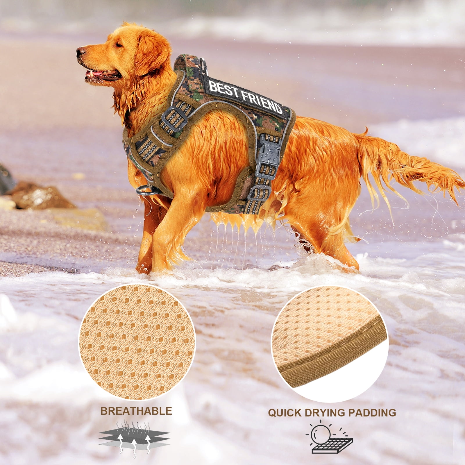 HUTACT Dog Harness, No Pull Harness, No Choke Reflective Vest with Handle, Adjustable Pet Harness for Running Walking, Khaki, Extra Large Size