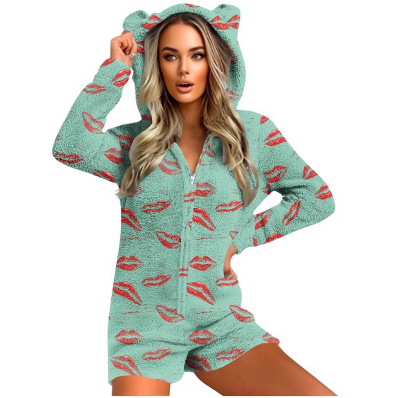 SYMOID Womens Green Hooded One-Piece Romper with Cat Ears & Red Lip Print - 100% Polyester, Long Sleeve for Lounging/Casual/Sleep, Sizes S-XXL,Size 2XL