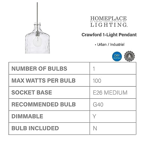 HomePlace Lighting 325717BN Crawford Urban/Industrial Clear Water Glass Jar Pendant Light, 1-Light 100 Watt, 15" H x 12" W, Brushed Nickel