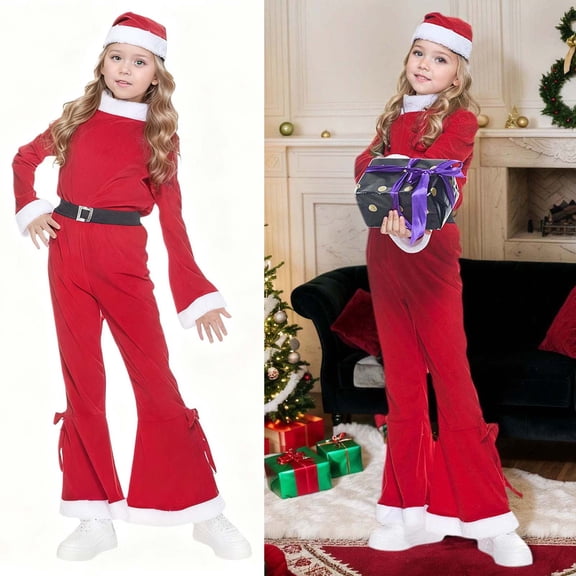 Kids Girls Santa Outfit Long Sleeve Top and Pants with Matching Hat Sets Christmas Outfits Kids Party Outfit 7-8 Years