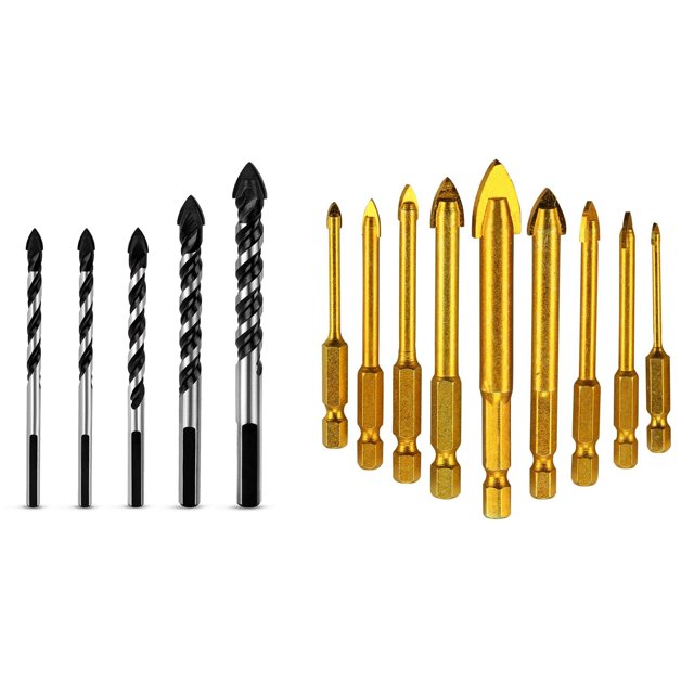 5 Pcs Multi-Material Drill Bit Set for Tile,Concrete, Brick, Glass, Plastic and Wood Tungsten & 9 Pcs Tile Drill Ceramic Drill Set of Glass Drill Bits Set Hexagon Tile Drill Set