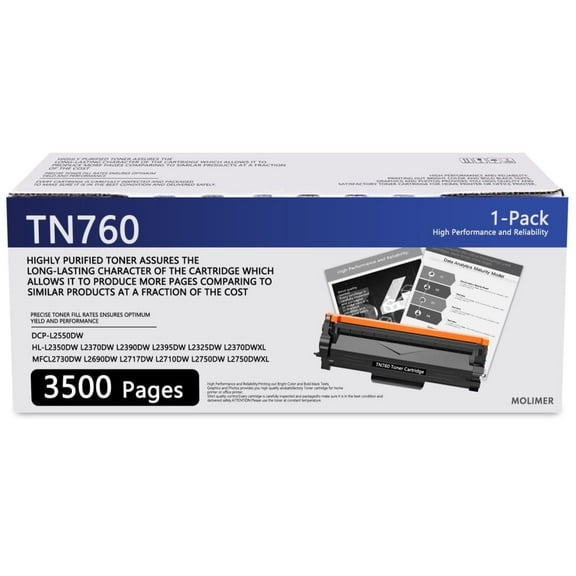 TN760 TN 760 TN-760 1 Pack Black Toner Cartridge High Yield Replacement for Brother TN760 TN 730 Toner Cartridge for DCP-L2550DW MFC-L2730DW MFC-L2690DW HL-L2390DW Printer