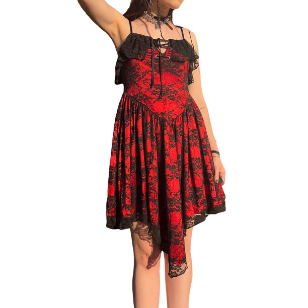 VISgogo Vestido de tirantes para mujer, vestido midi irregular de verano con tirantes finos y cordones de encaje VISgogo moda