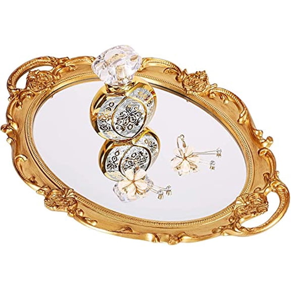 Polyresin Ellipse Antique Decorative Mirror Tray,Makeup Organizer,Jewelry Organizer,Serving Tray,9.8”x 14.6”,Gold