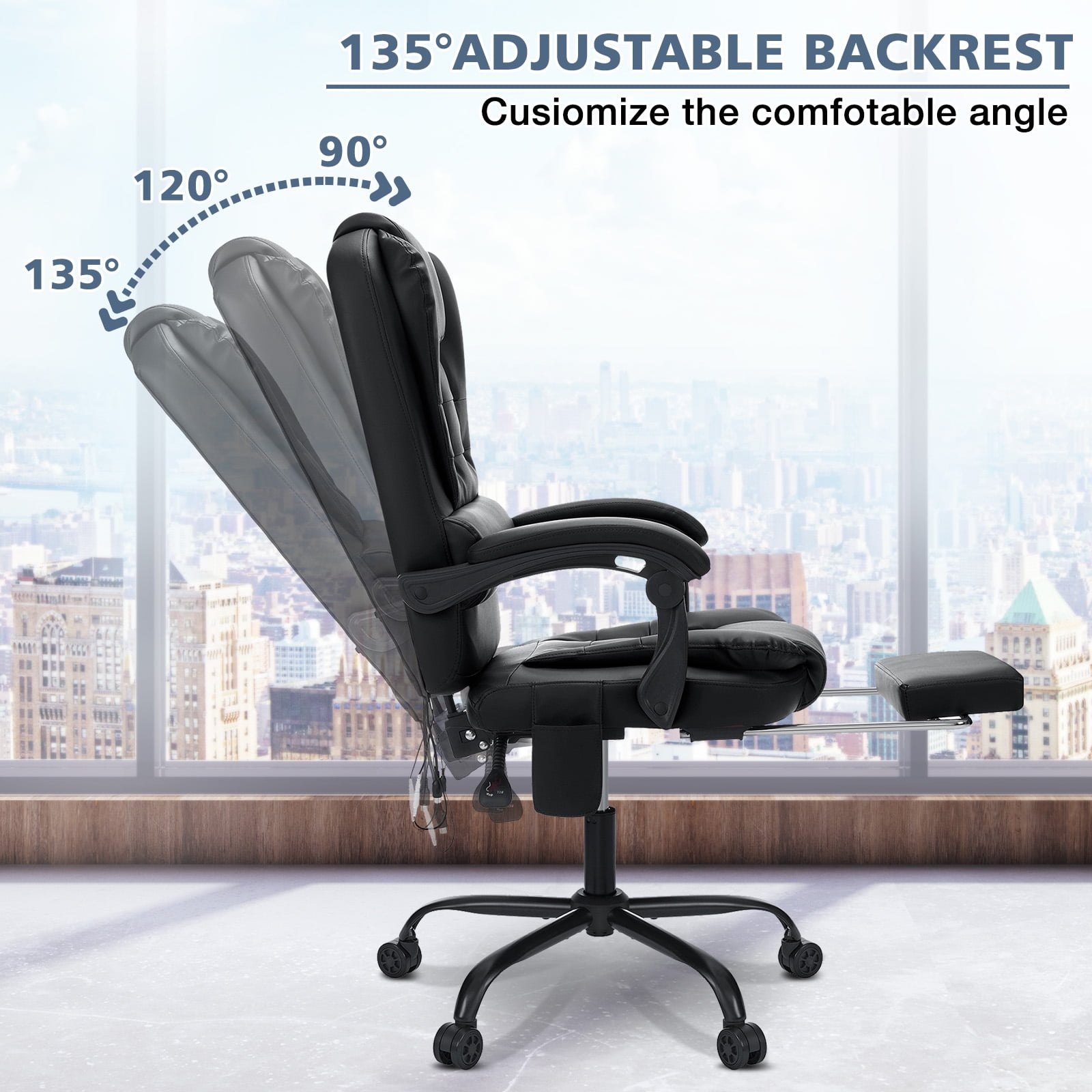 Hoffree Executive Office Chair Massage and Footrest Ergonomic Computer Desk Chair Reclining High Back Leather Office Chair Lumbar Back Support Swivel Rolling for Home Office Black