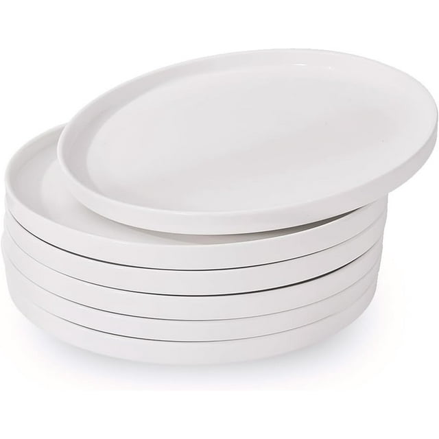 White Porcelain Flat Dessert Plates Set of 6, AntoKueh 8.2 Inch Ceramic Dishes with High Edge for Appetizer, Snack, Appetizer, Salad, Dishwasher/Microwave Safe
