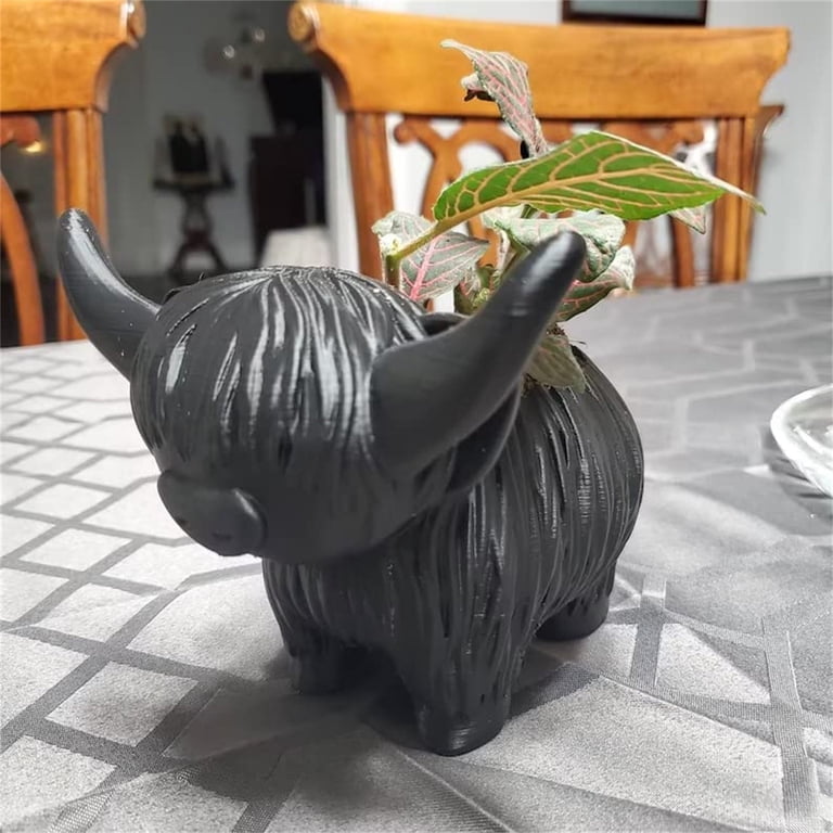 Highland Cow Succulent Planter – Cute Resin Flower Pot With Drainage Hole & 2 Planting Spots, 6.5"H X 5.5"W, Great Desk Decor Gift For Plant Lovers