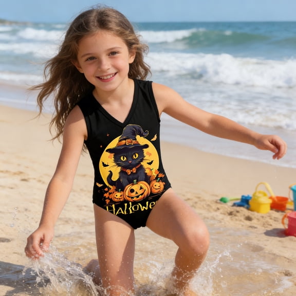 Girls Swimsuits One Piece Kids Summer Gymnastics Leotards Swimsuit Racer Swimwear Practice Outfit Cartoon Print Tankini Black Size 9-10 Y
