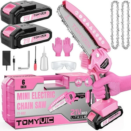 Mini Chainsaw 6-Inch Battery Powered - Pink Cordless Electric Handheld Chainsaw with 2 Rechargeable Batteries - 21V Small Power Chain Saws Battery Operated for Tree Trimming Wood Cutting