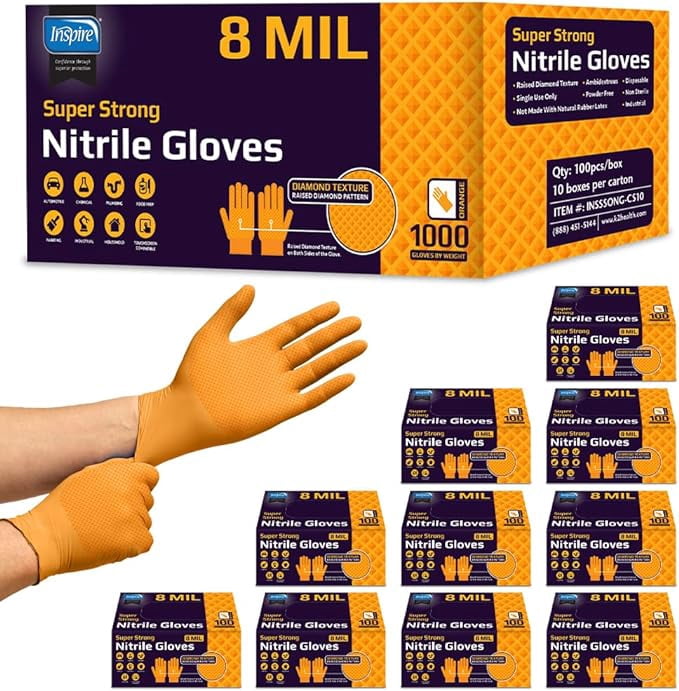 Inspire Heavy Duty Orange Nitrile Disposable Gloves | ULTRA 8 Mil Diamond Textured Grip | Industrial Mechanic Food (1000, XXL)