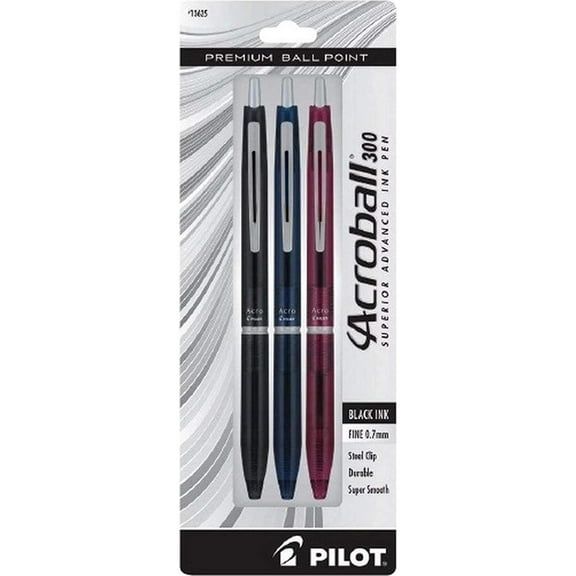 Pilot Acroball 300 Premium Refillable & Retractable Ball Point Pen, Assorted Color Barrels, Fine Point, Black Ink, 3-Pack