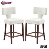 Hassch Farmhouse Upholstered Counter Height Bar Stools Set of 2, Linen Fabric Padded Seat with Curved Backrest, Copper Nail Accent, Solid Wood Frame, 300 lbs Capacity, Beige