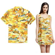 Couple Matching Hawaiian Luau Outfit Aloha Shirt Tunic Slip On Dress in Sunset Yellow