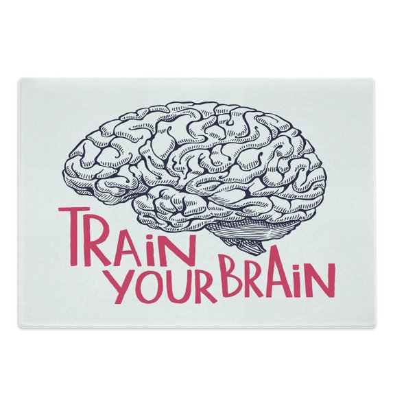 Vintage Cutting Board, Positive Words on Human Brain Intelligence Head Skull Humor Modern Image Art, Decorative Tempered Glass Cutting and Serving Board, Large Size, Pink Dark Blue, by Ambesonne