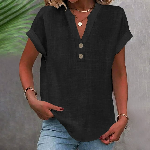 asjyhkr Womens Summer Tops Linen V Neck Loose T Shirts Pullover Lightweight Breathable Soft Solid Tee Blouses