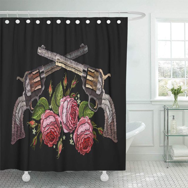 ABPHQTO The Crossed Guns and Roses Classical Revolvers Spring Symbol Cortina de ducha 160x180 cm