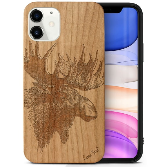 Case Yard Wooden Case Outside Soft TPU Silicone, Slim Fit Shockproof Wood Protective Phone Cover for Girls Boys Men and Women, Supports Wireless Charging Moose Design case for iPhone-11