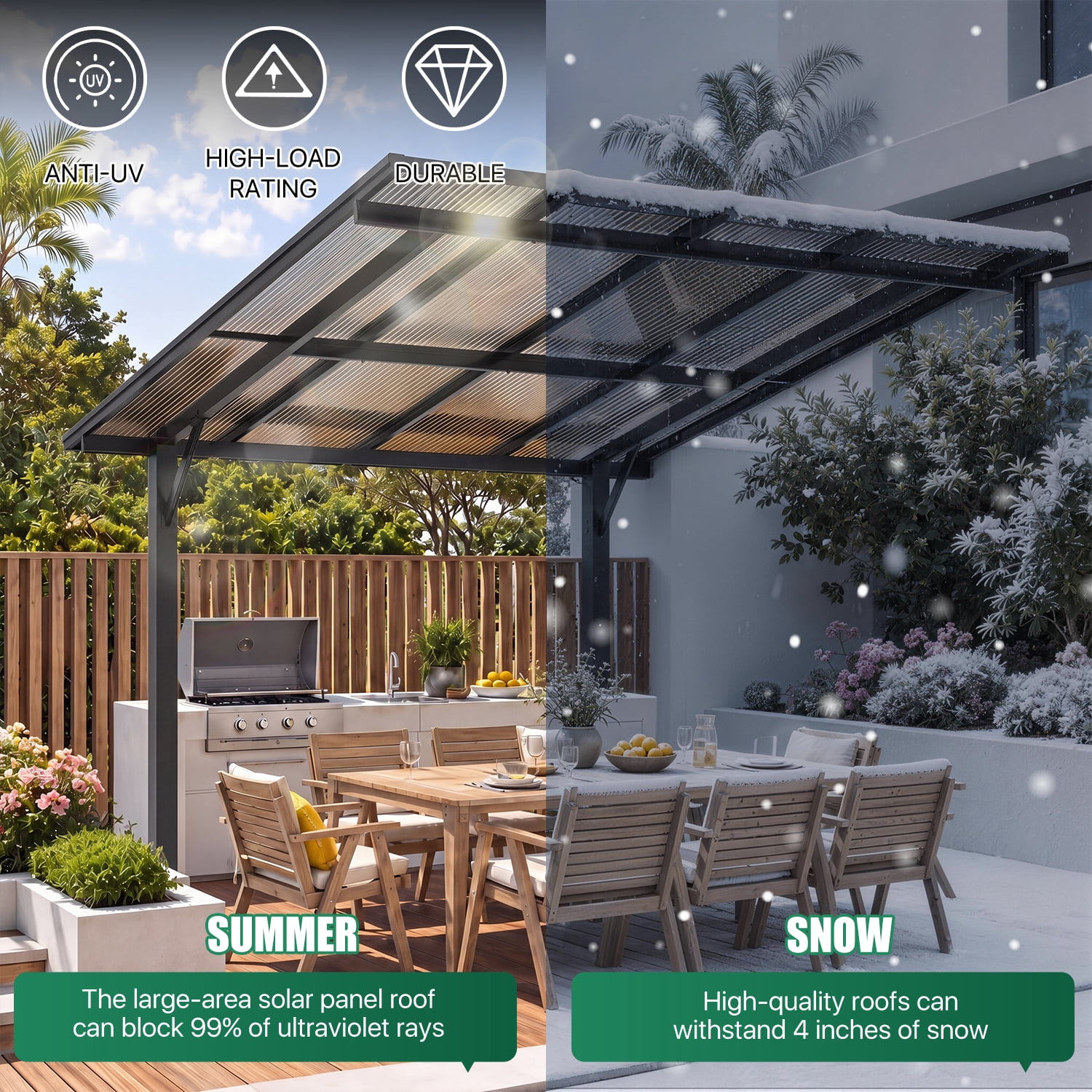 BaPiPro 10' x 8' Gazebo for Patio, Hard Top Lean to Gazebo Pergola Carport, Freestanding Shelter Pergolas and Gazebos Clearance with Patio Roof, Wall-Mounted Heavy Duty Awnings for Patio, Decks